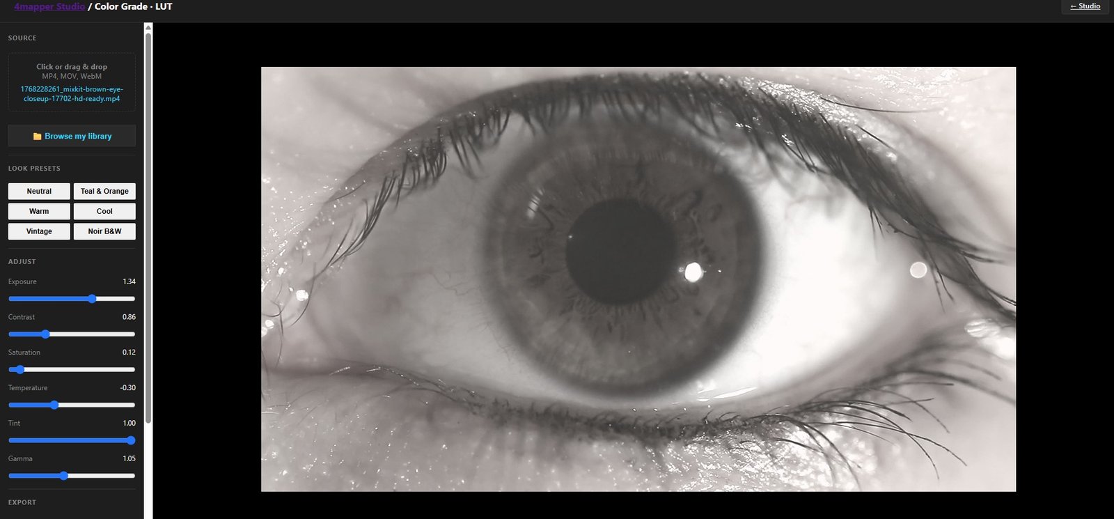 Color Grade and LUT — live cinematic grading